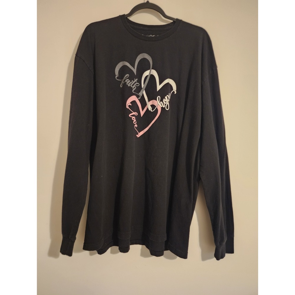 Love in Faith Womens 3X Black Long Sleeve Faith Hope Love Heart Graphic Tee